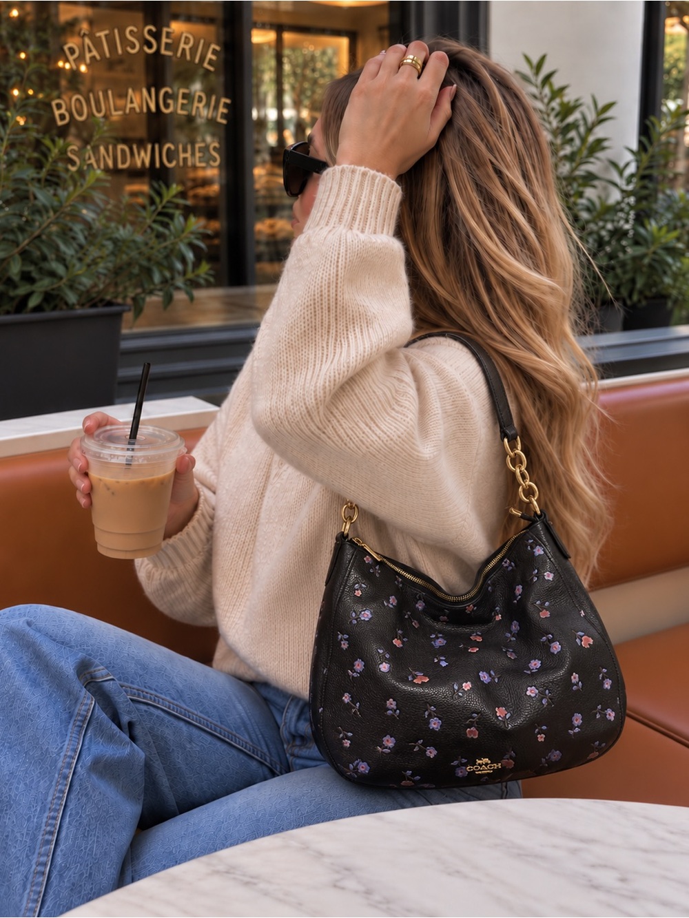 Coach Floral Leather Hobo Shoulder Bag Gold Chain 34323